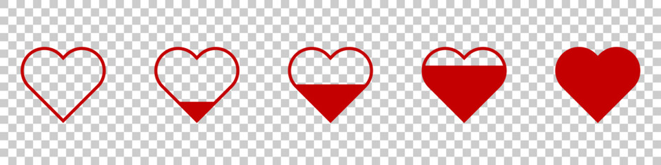 Red heart icons  vector.  A heart that gradually fills its contents. Heart on the transparent background. EPS 10