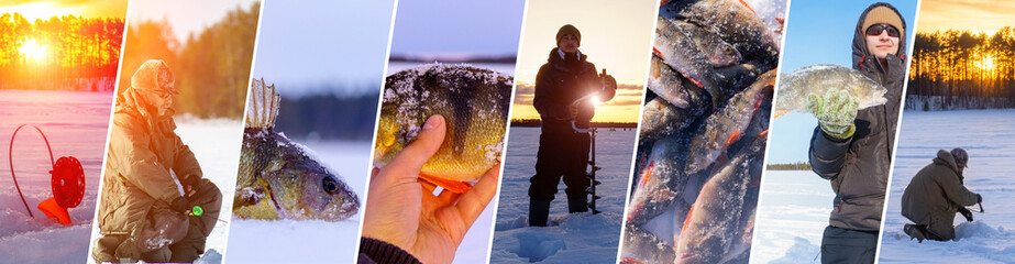 Fishermen with a catch on a winter fishing collage. Catch, trophy, Winter Ice fishing concept....