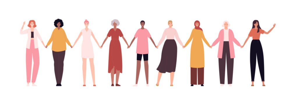 Women Empowerment Feminist Concept. Vector Flat Person Modern Illustration. Group Of Various Ethnic Woman Holding Hands In Chain Isolated On White. Design Element For Diversity Banner, Card, Poster.