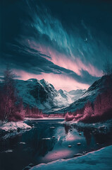 Beautiful Norwegian winter landscape with incredible Northern Lights. Generative AI.
