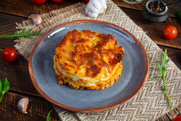 Classic lasagna with minced chiken bolognese sauce and bechamel sauce