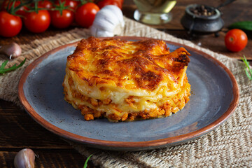 Classic lasagna with minced chiken bolognese sauce and bechamel sauce