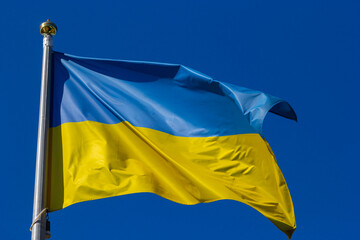 National flag of Ukraine against blue sky, The wind blows out