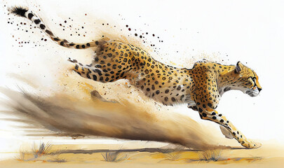 Cheetah running watercolor style painting created with generative AI 11 - obrazy, fototapety, plakaty