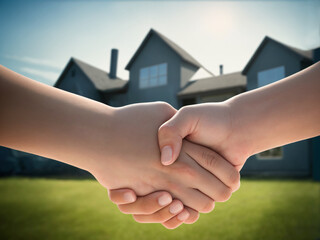 Handshake gesture and real estate deal, successful purchase, business arrangement, house, generative ai