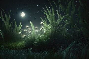 Obraz premium Life in the grass, at night. Generative AI