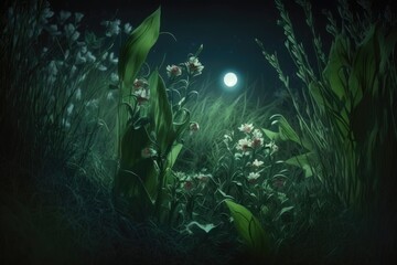 Fototapeta na wymiar Life in the grass, at night. Generative AI