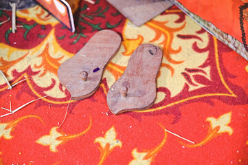 Traditional Hindu Wooden Sandals. Paduka. Maharashtra Culture. Indian Boy Traditional Shoes in Ceremony