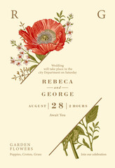 Wedding invitation. Poppy croton isolated floral. Beautiful blooming realistic flowers. Vintage greeting card. Frame. Drawing engraving. Wallpaper background baroque. Vector victorian Illustration © Наталья Лобенко