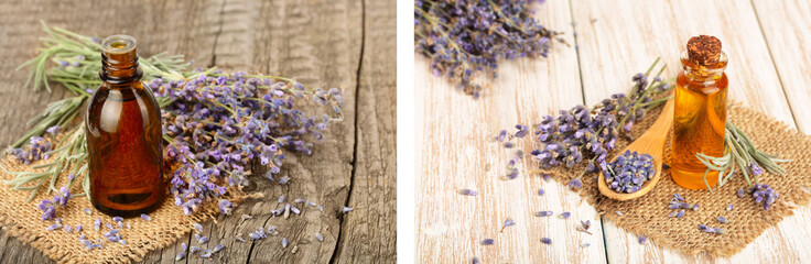 Herbal oil and lavender flowers on old wooden background
