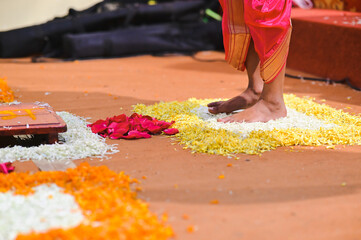 Carpet from flowers petals for Upanayana Ceremony. Maunj Ceremony. Boy in Hindu ceremony. Upanayana...