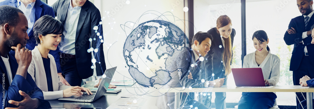 Poster multinational people working in office and global communication network concept. business strategy. 
