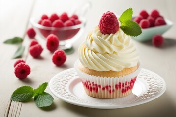 Obraz na płótnie Canvas Tasty cupcake with cream and raspberry, Generative AI