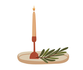 Long candle in cute holder on a tray with a plant. Hand drawn vector illustration