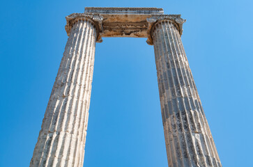 Fototapeta na wymiar Didyma Apollo Temple, one of the most important prophecy centers of the ancient world, is located in the city center of Didim district of Aydın Province