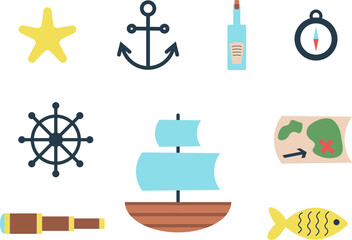 Pirate set, vector.  Starfish and fish, ship, anchor and rudder, message in a bottle and map, spyglass, compass.