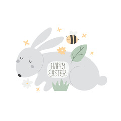 happy easter. cartoon, bunny, flowers, hand drawing lettering, decor elements. festive colorful vector illustration. Design for greeting cards, decoration posters, covers.