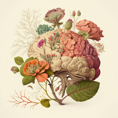 A human brain with florals. Anatomical vintage illustration. (Generative AI)