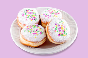 Carnival sprinkled doughnuts and confetti, holiday celebration, baking, top view