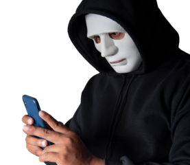 Close-up. An anonymous hacker wearing a mask and black hoodie shows off a smartphone with a blank white screen. Hacking and malware concept. Transparent background. png.file