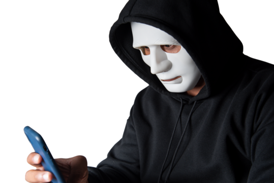 Close-up. An anonymous hacker wearing a mask and black hoodie shows off a smartphone with a blank white screen. Hacking and malware concept. Transparent background. png.file