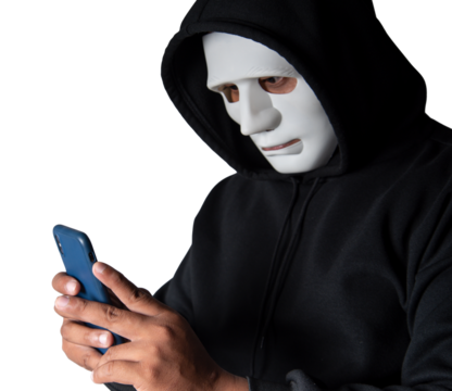 Close-up. An anonymous hacker wearing a mask and black hoodie shows off a smartphone with a blank white screen. Hacking and malware concept. Transparent background. png.file