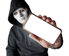 Close-up. An anonymous hacker wearing a mask and black hoodie shows off a smartphone with a blank white screen. Hacking and malware concept. Transparent background. png.file