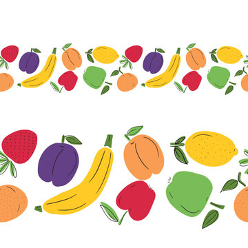 Seamless border with fresh juicy fruits: banana, apple, apricot, plum, strawberry, lemon, tangerine with black line on white background. Hand drawn vector flat cartoon doodle illustration.