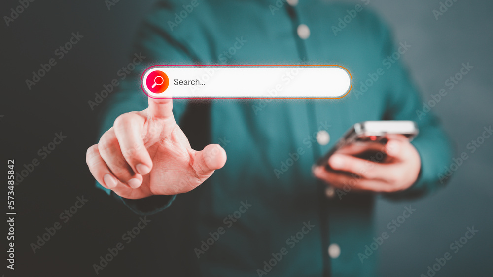 Poster Information Search Technology SEO Search Engine Optimization. Search button on virtual screen pressed with finger for data and information. Using Search Console with your website. Web search concept.