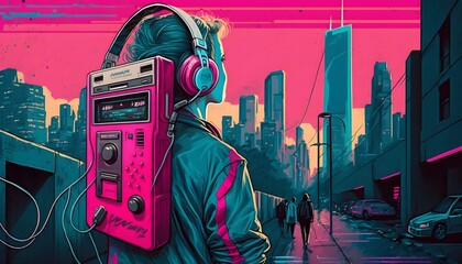 Retro music headphones in a futuristic world