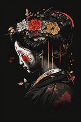 illustration, geisha on black background, ai generative