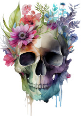 Skull and Flowers Watercolor Illustration. Generative ai