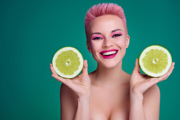 Closeup portrait of young bright appearance stunning pink make up woman hold two citrus slices...