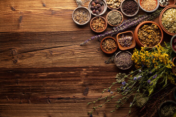 Fototapeta na wymiar Natural medicine background. Assorted dry herbs in bowls, mortar and plants on rustic wooden table.