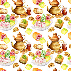 seamless pattern with oriental sweets and cooper teapots, different lokum, multicolor lukum, turkish sweets, hand-drawn sketch, watercolor illustration