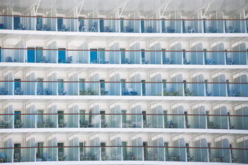 Cruise ship cabins background . Ocean liner rooms with balcony 