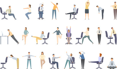 Office workout icons set cartoon vector. Ergonomic break. Sport activity