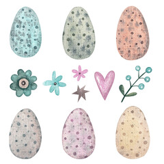 Easter set with eggs and plants. Watercolor illustration. Holiday. Happy Easter. Print on postcards. Gentle. Spring. Handmade work. Art. Design. Symbol. Traditional. Flowers.
