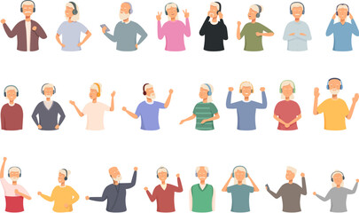 Old people listen to music icons set cartoon vector. Funny retiree. Old woman