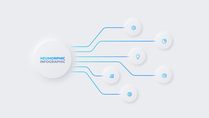 Neumorphic infographic design template. Business data visualization with 6 options. Concept of development process