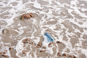 Environment protection.Plastic trash in the sea. Mediterranean coast