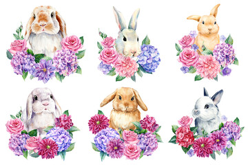 Fototapeta premium Bunny decorated with flowers on an isolated white background, watercolor illustration, cute rabbit, hand drawn