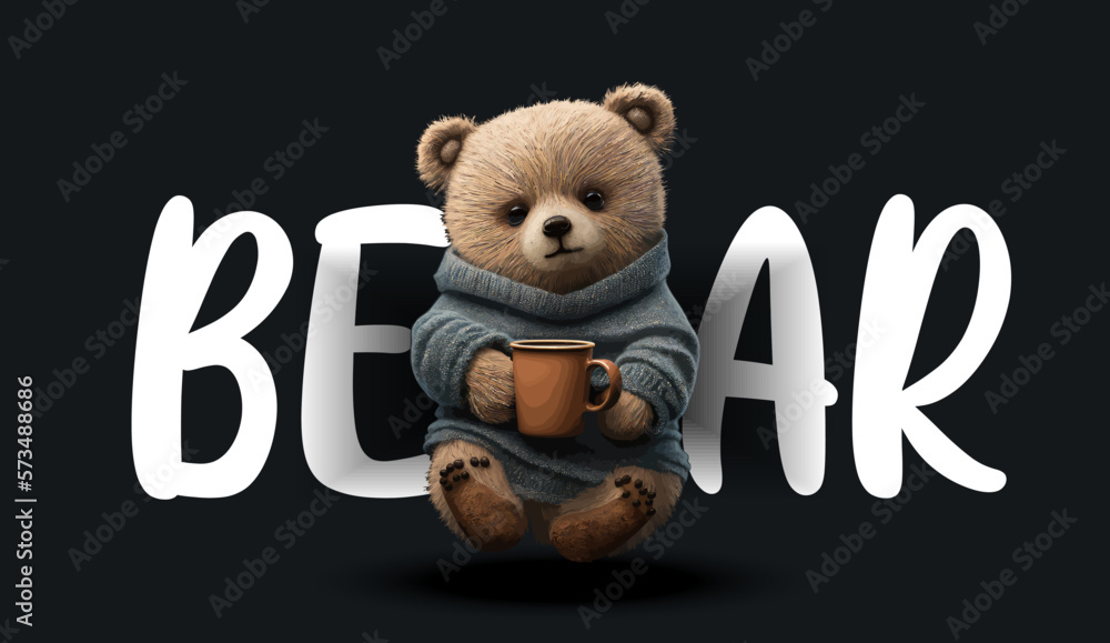 Sticker Cute teddy bear with hot coffee cup. Funny charming illustration of a teddy bear on a black background. Print for your clothes or postcards. Vector illustration