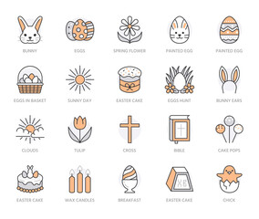 Easter flat line icons set. Colored eggs hunt, basket, rabbit, spring flowers, tulip, bible, cake vector illustration. Thin signs for christianity celebration. Orange color. Editable Stroke