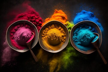 Festival of Colors, Colorful holi colors in bowls, Colorful holi gulal powder blowing up, Indian holi festival and celebration, Top down view on multicolored holi powder, Generative AI