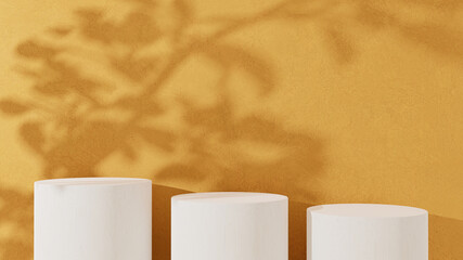 three podiums on a bright yellow background, a realistic podium with a shadow from the leaves, 3d render