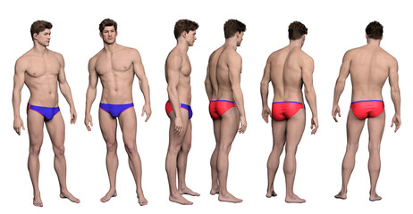 3D render : Portrait of male  swimmer model with good physical shape wearing stylish swimsuit, isolated, PNG transparent swimwear fashion design concept, different angles.