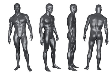 3D Render : Portrait of silver, iron metal texture male character is standing, PNG transparent