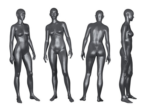 3D Render : Portrait of silver, iron metal texture female dummy character is standing, PNG transparent