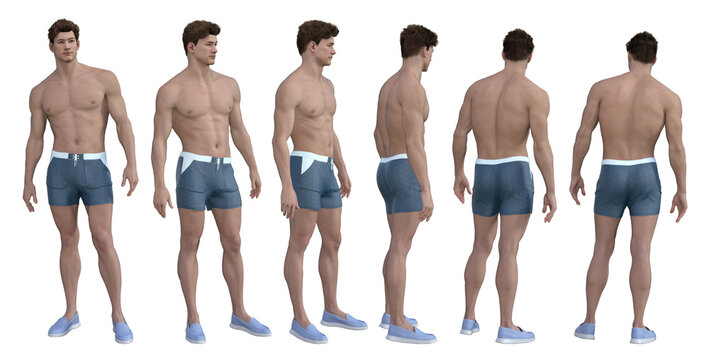 3D render : Portrait of male   model with good physical shape wearing  beach wear, isolated, PNG transparent, fashion design concept, different angles.